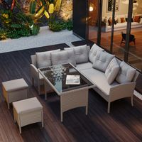 Gartenmöbel aus Polyrattan, Esstisch, Wohnzimmer, Gartenmöbel, Gartenmöbel für 7 Personen, mit Sofa, Tisch, Hocker und Kissen, abnehmbarer und waschbarer Stoffbezug, Farbe Khaki