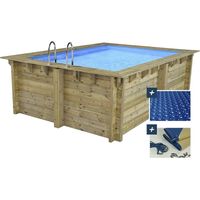 Piscina rectangular de madera "Zanzíbar" - 3,50 x 2,30 x 1,24 m - cubierta de burbujas de 180 µ - cubierta de invierno de 280 g/m².