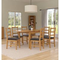 Hallowood Furniture Waverly Oak Extendable Dining Table and Chairs Set 6, Rectangular Small Kitchen Space-Saving Table and Chairs in Ladder Back and Charcoal Grey Fabric Seat Pads for Home and Café