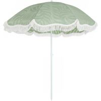 Sombrilla de playa con flecos Ø180 cm, altura ajustable, inclinación, anclaje arena, bolsa transporte, UPF30+, verde