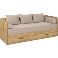 Pegane – Lit canapé convertible 80-160x200 cm chêne sonoma – avec coffre de rangement – matelas 195x75/150 cm – 3 oreillers beige – Longueur 200,5 cm