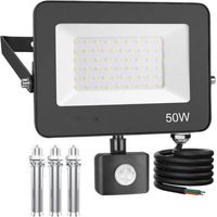 Faro LED da esterno da 50 W con sensore di movimento, 5000 lm, 6500 K, luce bianca fredda per giardino, garage e patio.
