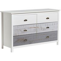 Commode 6 tiroirs 130x45x80 cm en pin blanc, gris et beige - KINDA