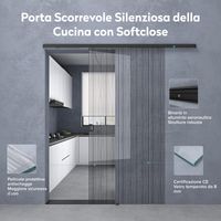 doporro Porta Scorrevole in Vetro Temperato 8 mm Finitura Nero Opaco Spazzolato 77,5 x 205 cm con Pellicola di Sicurezza, Maniglia Quadrata Muranino-001