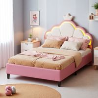 Pink Single Bed for Girls Princess Bed 90x190 Kids Bed with RGB LED Cloud Crown Headboard Velvet Toddler Bed Frame Kids Beds Girls Single Bed Pink