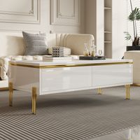 REDOM Table basse 100x50x36 cm 2 tiroirs dissimulés double face, plateau brillant, panneau de particules blanc