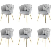 Set di 6 sedie in velluto grigio, sedia imbottita con schienale a petalo, gambe in metallo placcato oro e cuscino a farfalla