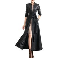 Manteau long en simili cuir pour femme Printemps Automne Simple Boutonnage Ceinture Luxe Slim Fit Dressy Outwear