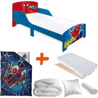 Lit enfant Spiderman 140x70 cm – Pack literie 5 pièces – Matelas inclus – Design coloré avec tête de lit en bois – Bebegavroche