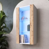 Komodee Vitrine Suspendue Tivoli Vertical 100, Blanc/Wotan, LED Bleues Largeur 100cm x Hauteur 50cm x Profondeur 29,5cm, 2 étagères en verre, pour Salon, Chambre