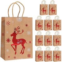 Set mit 12 braunen Weihnachtstüten aus Papier, Geschenktüten, Weihnachtstüten mit Henkeln, 27 x 21 x 11 cm, Rentiermotiv