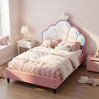Lit enfant / Lit simple 90x190 cm, cadre de lit avec LED RGB, tête de lit couronne nuage réglable, velours, style féerique moderne, Rose
