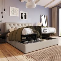 MINKUROW Cama Doble Tapizada Hidráulica 160x200cm, Cabecero Ajustable, Cama Con Somier De Lamas Metálicas, Somier Moderno Con Espacio De Almacenamiento, Natural