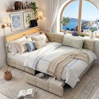 Doppelbett 140x190 cm mit 2 Schubladen, Polsterbett aus Leinenstoff mit USB-Anschluss und Lattenrost, Eckbett / Gästebett für Gästezimmer und Jugendzimmer - Beige