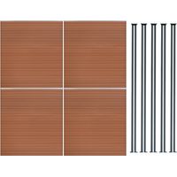 Pannelli Recinzione x4 + 5 Pali LED Alluminio Marrone Doppia Finitura Legno PVC 185x699cm Recinzione da Giardino Esterno Patio Privacy con Illuminazione Solare