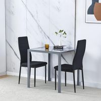 Dining Room Set, Grey Glass Dining Table with Chairs, 75x75 cm Square Glass Table and Chairs for Small Room (Table with 2 Chairs, Black Linen)