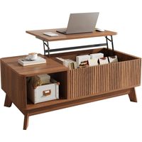 Table basse avec mécanisme de levage, design ondulé, compartiment latéral ouvert, matériau MDF, style moderne