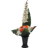 Pot Cone de fleurs artificielles de Rose, Orchidée et delphinium Orange pour la Toussaint - couleur: Orange