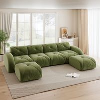 Canapé d’angle modulable 4 places réversible avec 2 poufs, style panoramique, chenille vert, 358x171x76 cm