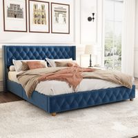 Lit adulte rembourré en velours 160x200cm – Tête de lit confortable 50cm – Sommier à lattes stable – Bleu – Merax
