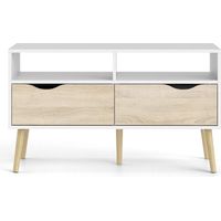 Mueble TV de salón 99 cm blanco mate y roble con dos cajones - Gladiolo