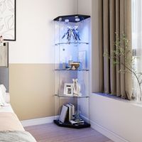 Vitrine d’angle pentagonale 60x44,5x162 cm, meuble vitrine en verre trempé 4 niveaux avec réglable lampe tactile, armoire vitrée verrouillable avec étagères amovibles, base noire