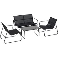 Set Salotto da Giardino da 4 Pezzi, con Divanetto da Esterno a 2 Posti, 2 Sedie e Tavolo da Caffè in Vetro Temperato, Set di Mobili da Giardino in Metallo e Texteline, Nero