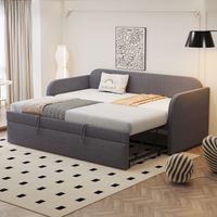 Cama nido 90/180x190 cm - sofá cama con somier de láminas - tejido de lino - gris