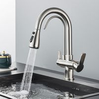 360 ° rotating kitchen faucet, 3-way kitchen mixer with 2 handles, withdrawable kitchen shower, hot and cold water sink, water filter, mixer faucet - brushed nickel