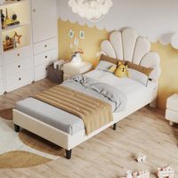 Letto singolo 90x200 cm, tessuto velluto, con testata a forma di fiore, rete a doghe, letto per bambini capitonné, stile scandinavo - Beige