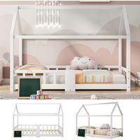 Lit cabane pour enfant 90 x 200 cm, lit en bois pour chambre d'enfant comprenant un tableau noir, un sommier à lattes et une barrière de sécurité, en pin blanc (sans matelas)