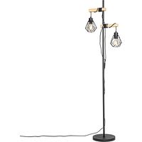 Qazqa – Lampadaire LED rustique noir avec bois – Hauteur 155 cm – 2 abat-jours E27 – Intensité variable – Pour intérieur moderne