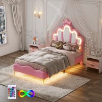 Bett 90 x 200 cm – Einzelbett LED 90 x 200 – Design „Couronne Princesse” – Verstellbares Kopfteil – Kunstleder PU Rosa