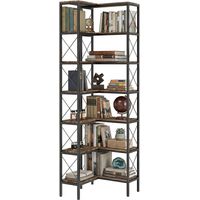 6-Tier L-Shaped Bookshelf, Freestanding Corner Bookcase with Metal Frame, Rustic Brown