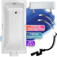 Badewanne Rechteck 170x70 + Handgriffen + Kopfstütze, Ablauf & Füße GRATIS - Komplettset 5in1 Original Acryl Wanne - BADLAND OPTIMA PREMIUM