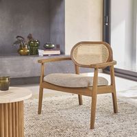 Fauteuil en teck massif, cannage et tissu grège