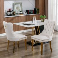 2er-Set Esszimmerstühle aus Samt, gepolsterte Stühle mit Knopfheftung, goldfarbenen Beinen, Ziernägeln und gepolsterter Sitzfläche – Beige