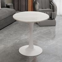 27.6-inch white coffee table, mid-century modern style dining table, suitable for 2-4 people, featuring a round marble tabletop with a white veined finish, perfect for various settings.