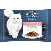 Gourmet Perle Erlesene Streifen mit Rind Kaninchen Lachs Huhn 4x 85g Nassfutter Katze