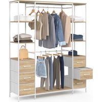 Ankleidezimmer mit doppeltem Kleiderschrank + doppelter Säule B. 140 cm UTAH mit 6 Regalen und 6 Behältern aus Stoff in Holz und