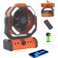 Ventilateur portable 20 000 mAh, rechargeable, orange, avec lumière LED, télécommande, minuteur, crochet, idéal pour le camping, les voyages, la maison, les pique-niques, la pêche et la plage.