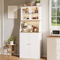 Küchenschrank 70x40x180 cm, Sideboards mit 2 Holztüren, 2 Glastüren, verstellbaren Einlegeböden, offenem Ablagefach und LED-Beleuchtung - Weiß