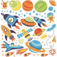 Pegatinas de pared de planetas en el espacio, calcomanías del sistema solar de cohetes para la habitación del bebé, la habitación infantil y la sala de juegos.