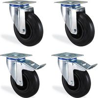 Lot de 4 roulettes pivotantes à frein 100mm – Charge 210kg – Caoutchouc noir pour sols durs – Fixation 80x60mm – HTR