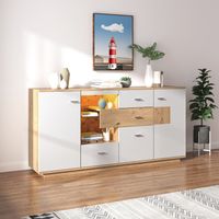 Modernes Sideboard mit LED, 160x40x77cm, 2 Türen, 4 Schubladen, Glasablage, Holzoptik, weiß, vielseitig einsetzbarer Schrank