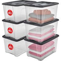 Iris Ohyama Scatole Portaoggetti in Plastica con Coperchio, 45L, Lotto di 6, Nero, Clip di Bloccaggio, Empilabile, Maniglia, Per Camera, Armadio, Ufficio, Organizzatore, Senza BPA Plastica, NTB-45