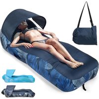 Hamac Gonflable avec Parasol, Portable Canapé Gonflable Air Sofa Eau et Terre, Imperméable Pouf Gonflable avec Sac, Pliable Sofa Gonflable pour Jardin Camping Plage, Plume Bleu Marine