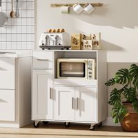 Meuble roulant de cuisine avec tiroir, four micro-ondes, tablette coulissante, armoires 3 portes, 80x40x88,7 cm, blanc