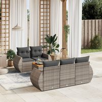 Ensemble Salon Jardin 6 Places Tressé Résine Gris avec Coussins et Table Acacia
