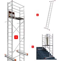 AluCombine 3.0 - 500, Arbeitshöhe 5m, Leiterngerüst mit Traverse, Wandanker & 2x Bockrollen (Ø80mm)